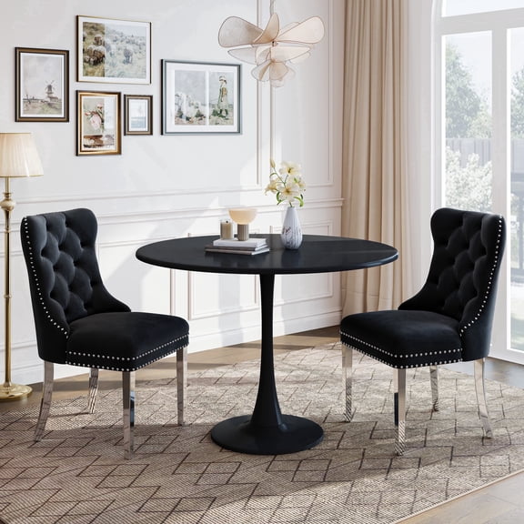 Dining Table Set for 2, 31.5" Round Table with All-Metal Tulip Pedestal Table, Velvet Nailhead Trim Chairs with Stainless Steel Legs, Modern Kitchen Dining Set for Apartment, Small Spaces, Black