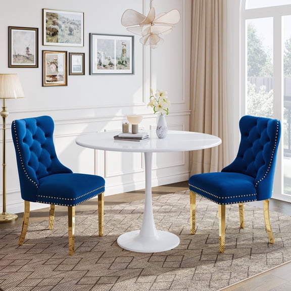 Dining Table Set for 2, 31.5" Round Table with All-Metal Tulip Pedestal Table, Velvet Nailhead Trim Chairs with Stainless Steel Legs, Modern Kitchen Dining Set for Apartment, Small Spaces, Gold Blue