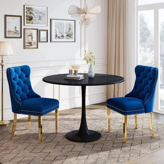 Dining Table Set for 2, 31.5" Round Table with All-Metal Tulip Pedestal Table, Velvet Nailhead Trim Chairs with Stainless Steel Legs, Modern Kitchen Dining Set for Apartment, Small Spaces, Gold Blue