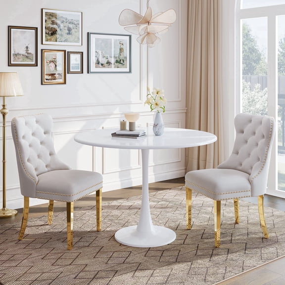 Dining Table Set for 2, 31.5" Round Table with All-Metal Tulip Pedestal Table, Velvet Nailhead Trim Chairs with Stainless Steel Legs, Modern Kitchen Dining Set for Apartment, Small Spaces, White