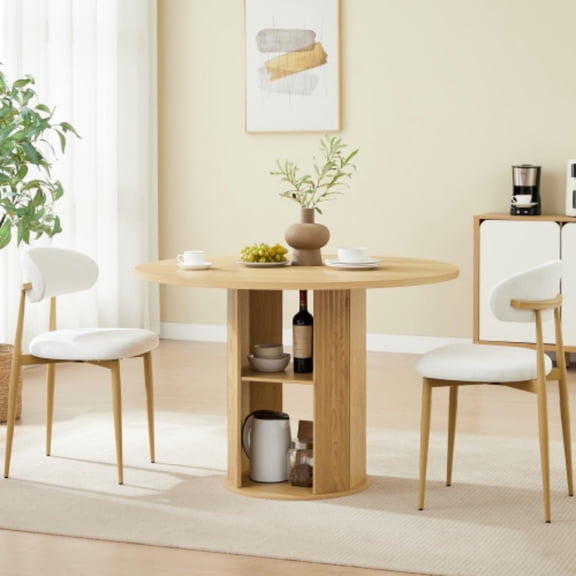 Dining Table Set for 2-4, Round Kitchen Table with 2 Chairs and Storage Shelf, Velvet Upholstered Chairs, 47.2-Inch Round, 200 Lbs Capacity, for Dining Room Living Room Cafe, Natural