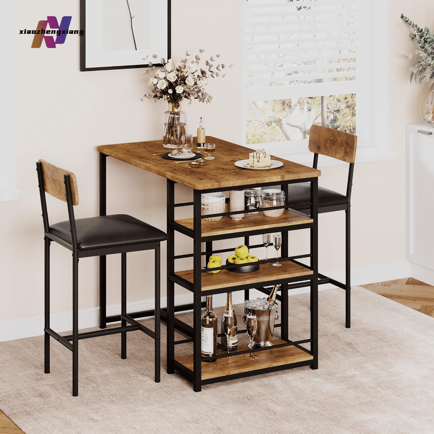 Rustic Brown Engineered Wood Pub Table Set with Storage Shelves