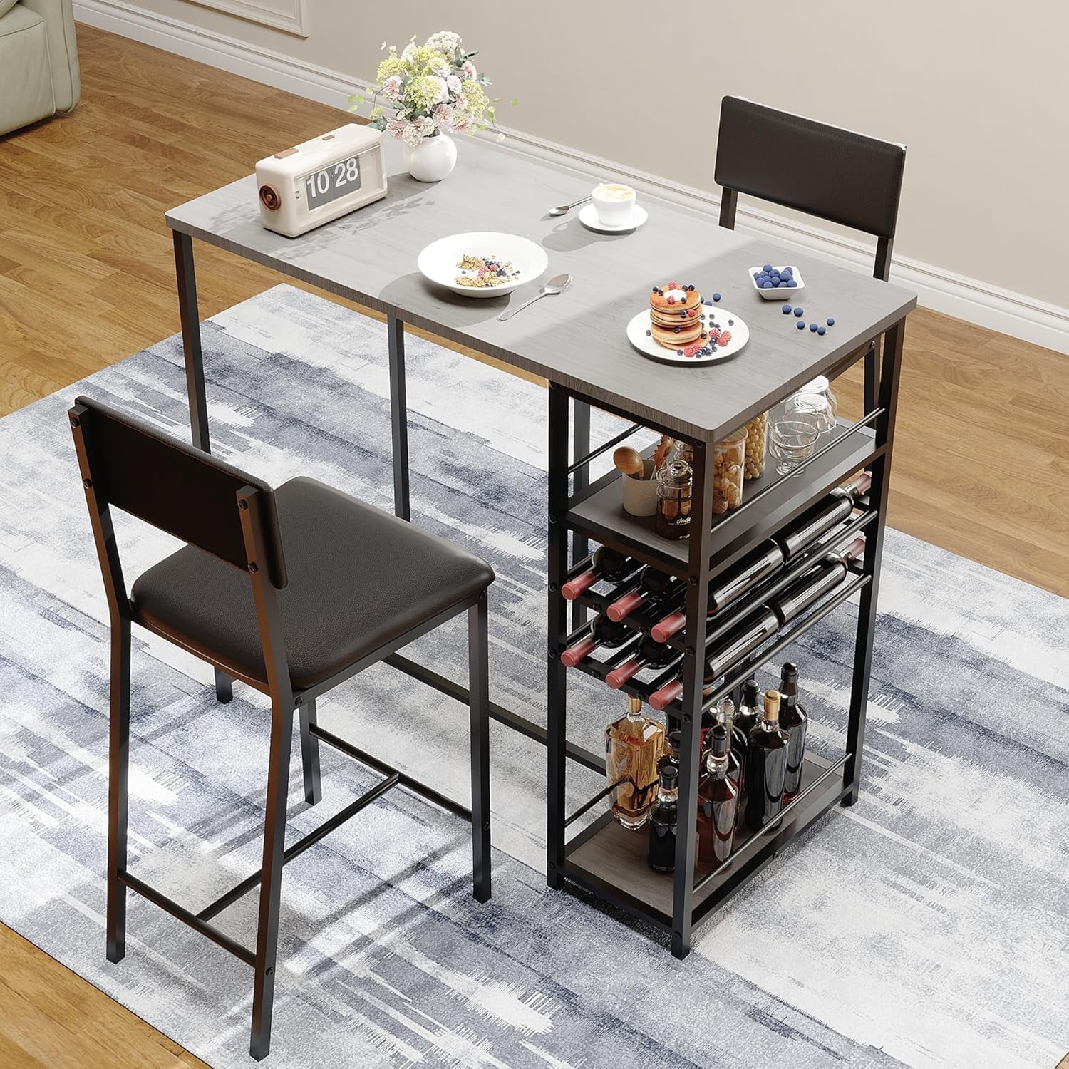 Dining Table Set for 2, Bar Table and 2 Upholstered Chairs with Storage Shelves, Space-Saving ...