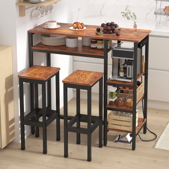 NAIYUFA Dining Table Set for 2,Bar Table and Chairs for 2,3-Piece Dining Set with Power Outlets and Storage Shelves,Industrial Table Chairs Set for Bar,Kitchen,Apartment,Breakfast