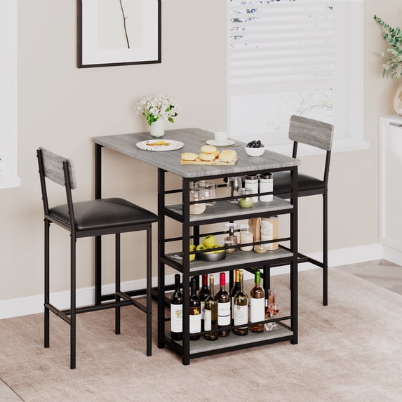 Dining Table Set for 2, Bar Table and Chairs for 2, Kitchen Table Set with 2 Upholstered Chairs, 3 Large Storage Shelves, Pub Table Set for Small Space, Apartment, Breakfast, Rustic Grey