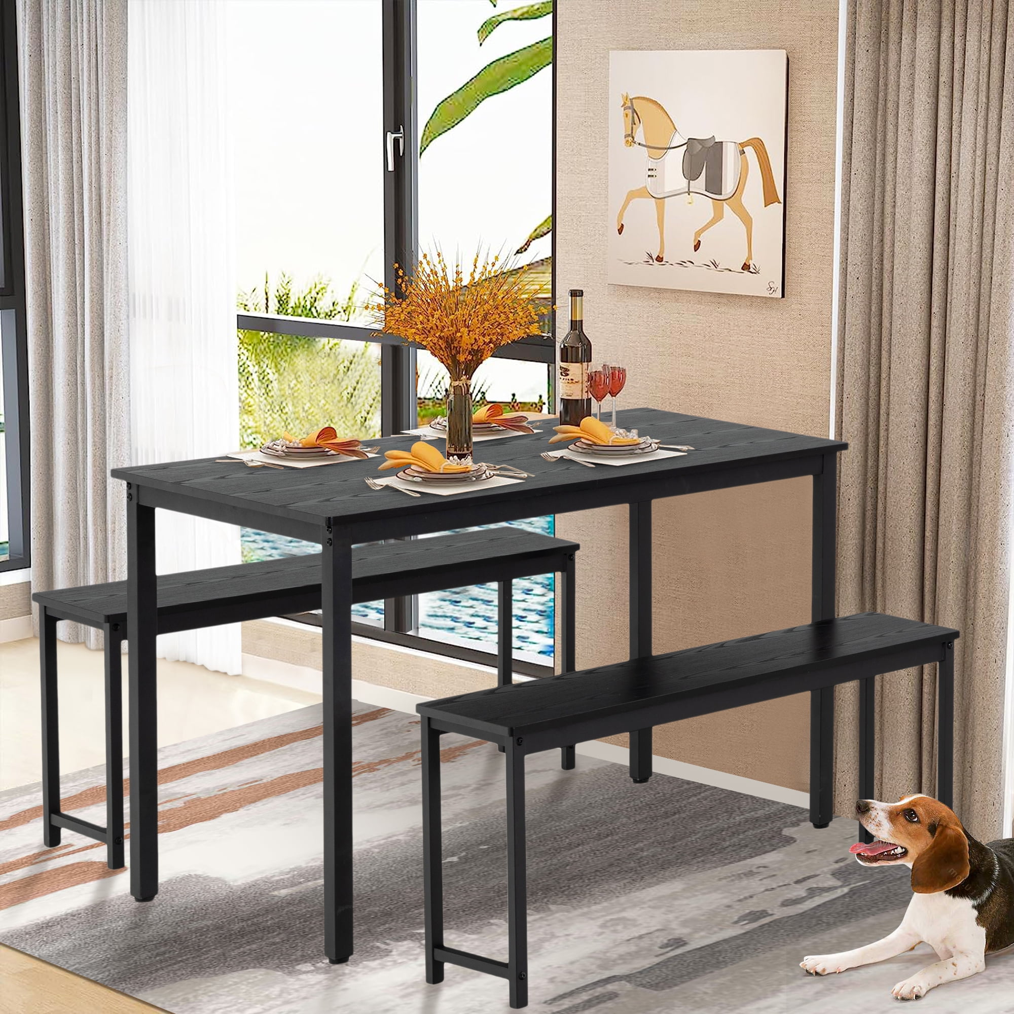 3 Piece Dining Table Set with 2 Benches, Modern Home Breakfast Table ...
