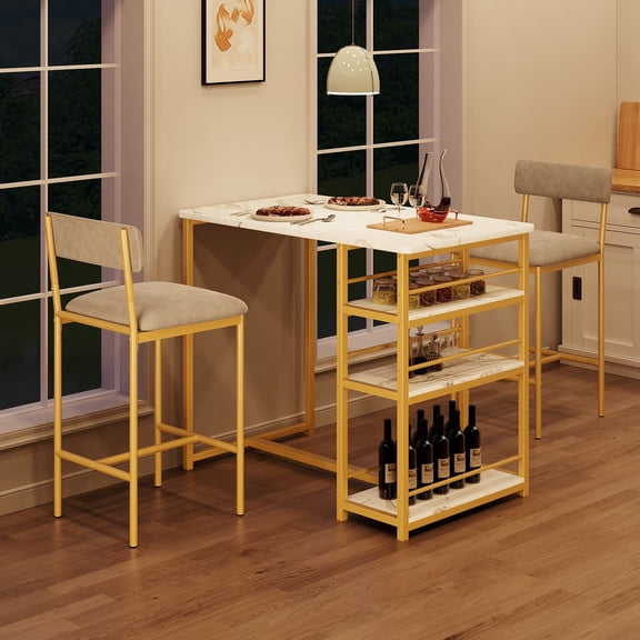Dining Table Set for 2, Counter Height Small Kitchen Table and Chairs with 3 Storage Shelves, 3 Piece Bar Pub Dining Table Set with 2 Upholstered Chairs for Small Spaces, Apartment