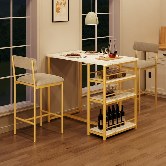 Dining Table Set for 2, Counter Height Small Kitchen Table and Chairs with 3 Storage Shelves, 3 Piece Bar Pub Dining Table Set with 2 Upholstered Chairs for Small Spaces, Apartment