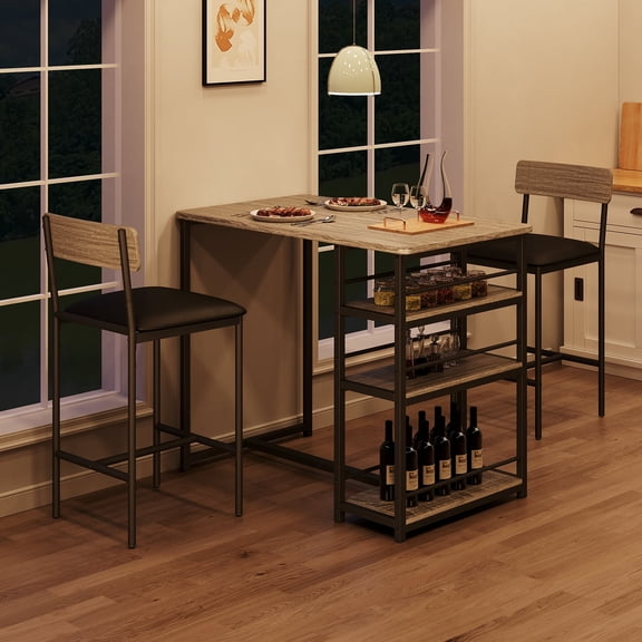 Dining Table Set for 2, Counter Height Small Kitchen Table and Chairs with 3 Storage Shelves, 3 Piece Bar Pub Dining Table Set with 2 Upholstered Chairs for Small Spaces, Apartment
