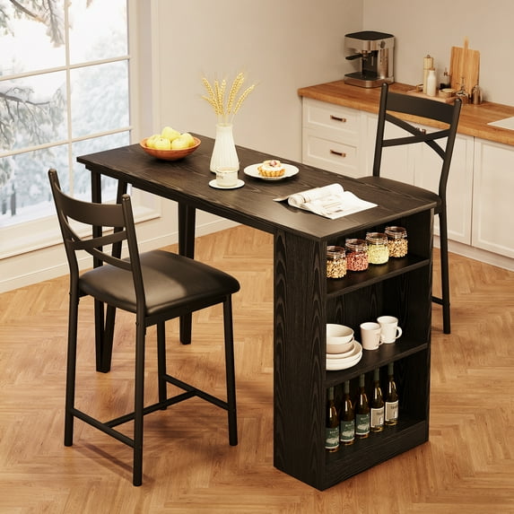 Dining Table Set for 2 with Drop Leaf, High Top Kitchen Bar Table with 3 Tier Storage Shelves & 2 Stool, Wood Bar Height Dining Room Set for Small Space Dinner Pub Breakfast Brunch