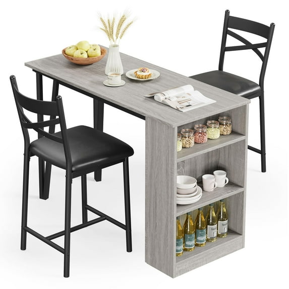 Dining Table Set for 2, Kitchen Bar Table and Chairs for 2, Expandable Counter Height Dinner Table with 2 Upholstered Chairs, Kitchen Bar Table Set with Storage for Apartment