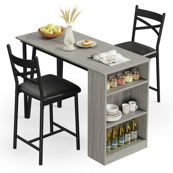 Dining Table Set for 2 Kitchen Dining Room Set with Upholstered Chairs Height Bar Kitchen Table and Chairs for 2 with 3 Storage Shelves for Small Space Apartment