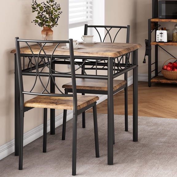 Dining Table Set for 2, Kitchen Table and Chairs for 2, Square Dining Room Table Set with 2 Metal and Wood Chairs, Kitchen Table Set for Small Space, Apartment, Rustic Brown
