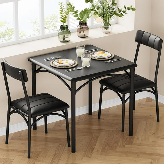 Dining Table Set for 2, Kitchen Table and Chairs for 2 with Upholstered Chairs, 3Pcs Dining Room Table Set, Square Kitchen Table Set for Small Space, Apartment, Studio, Rustic Black