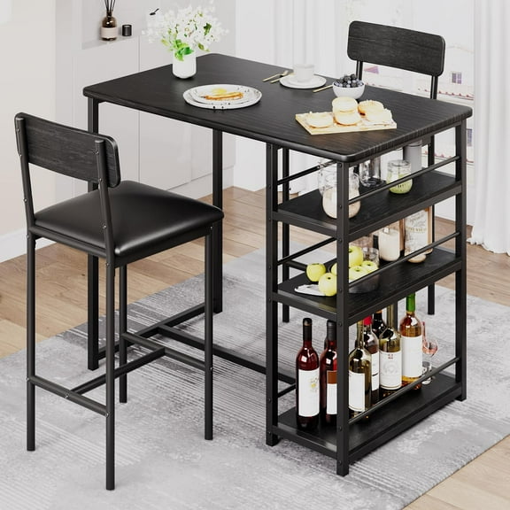 Dining Table Set for 2, Kitchen Table and Upholstered Chairs for 2, 3 Piece Counter Height Bar Table Set with 3 Large Storage Shelves for Small Space, Apartment, Studio, Rustic Black