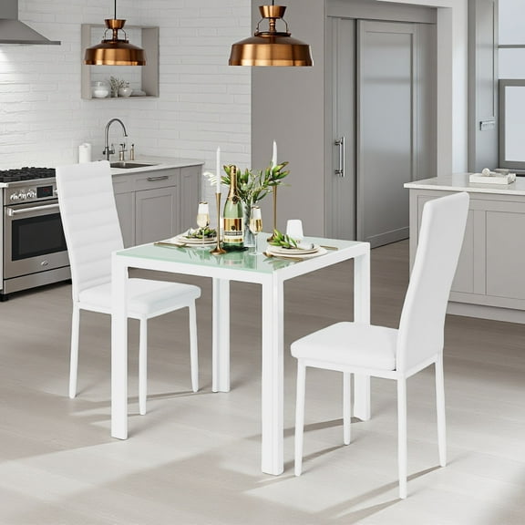 Dining Table Set for 2,Lofka 3 Piece Dining Furniture Set with Modern PU Leather Chairs & Glass Table for Studio Apartments,Tiny Homes & Breakfast Nook,White