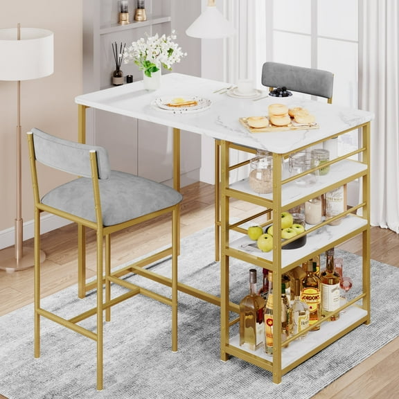 Dining Table Set for 2, Small Kitchen Table with 2 Upholstered Chairs, Compact Kitchen Table Set with 3-layer Side Storage Shelf for Small Space, Apartment