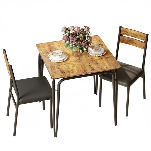 Dining Table Set for 2, Space-Saving Kitchen Table with 2 Upholstered Chairs, Wood & Metal Small Dining Set for Apartment, Breakfast Nook, Compact Dining Room – Vintage Brown