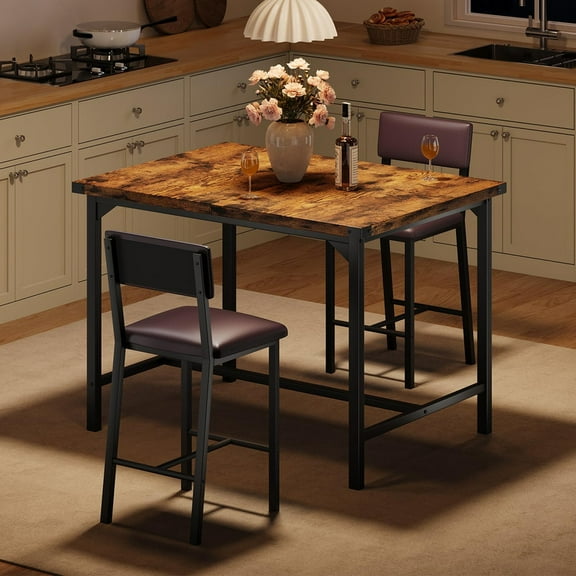 Dining Table Set for 2 W/Footrest & Backrest, Counter Height Table with 2 Upholstered Bar Chairs, Kitchen Table Set with Corner Protector, for Kitchen Room, Apartment, Pub, Retro Brown