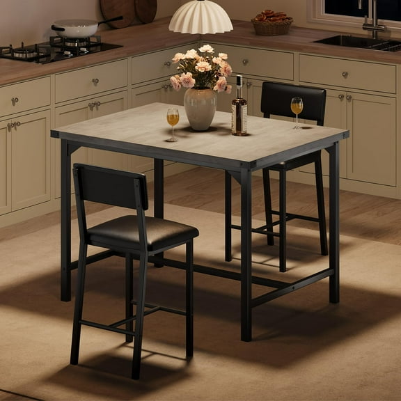 Dining Table Set for 2 W/Footrest & Backrest, Counter Height Table with 2 Upholstered Bar Chairs, Kitchen Table Set with Corner Protector, for Small Space, Retro Gray