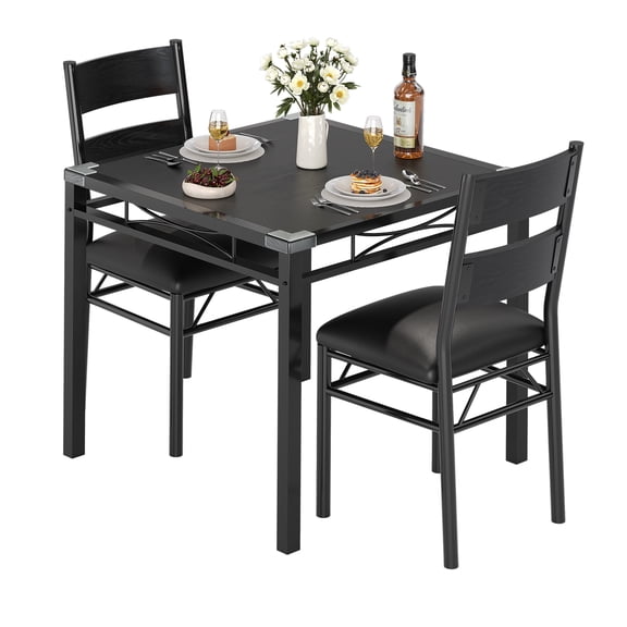Dining Table Set for 2, Wood Kitchen Table with 2 Upholstered Chairs, 3-Piece Dining Room Table Set with Corner Protector for Small Space, Kitchen, Apartment, Rustic Black