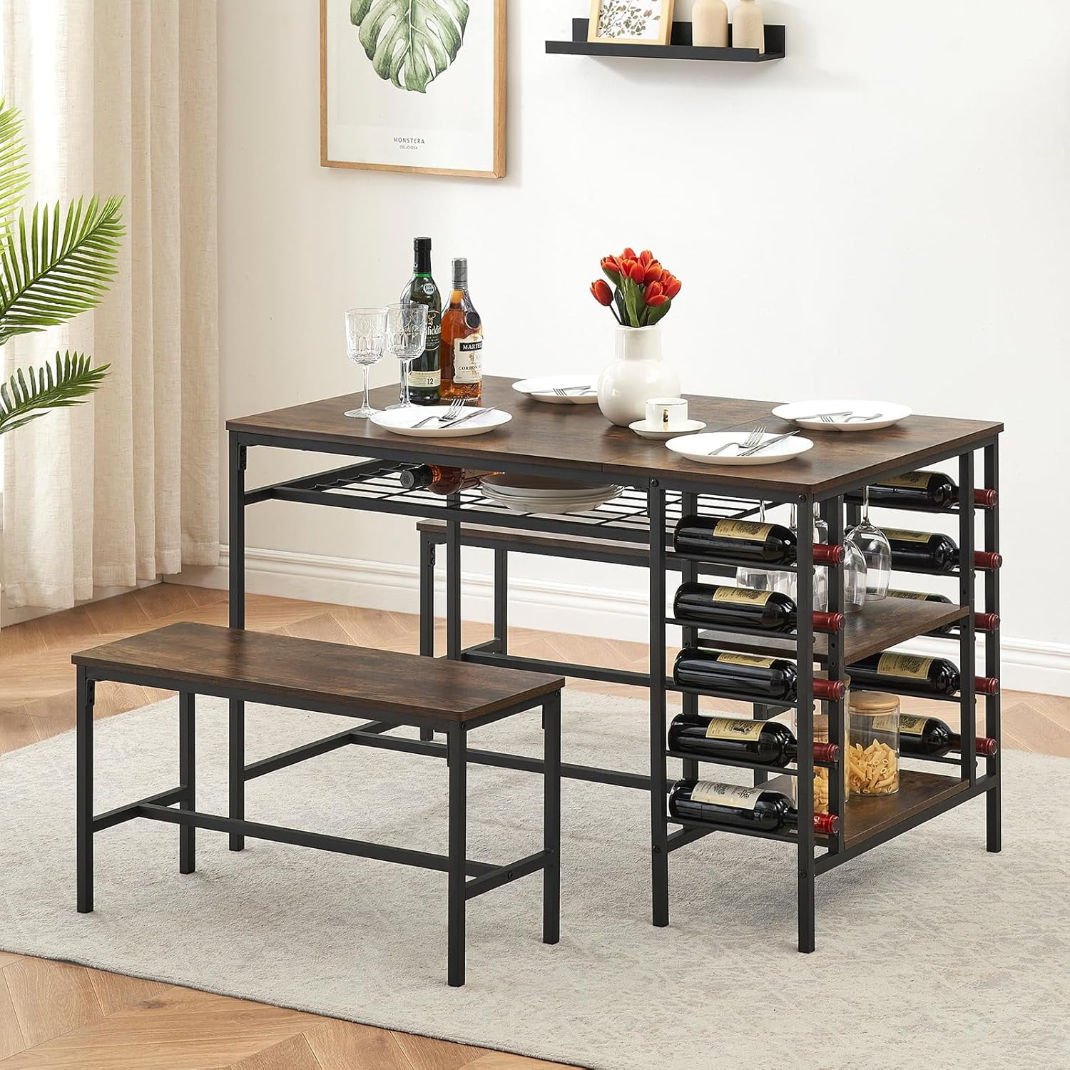 Gyfimoie Rustic Dinette Set for 4 Kitchen Table with 2 Benches Storage Wine Rack Walmart