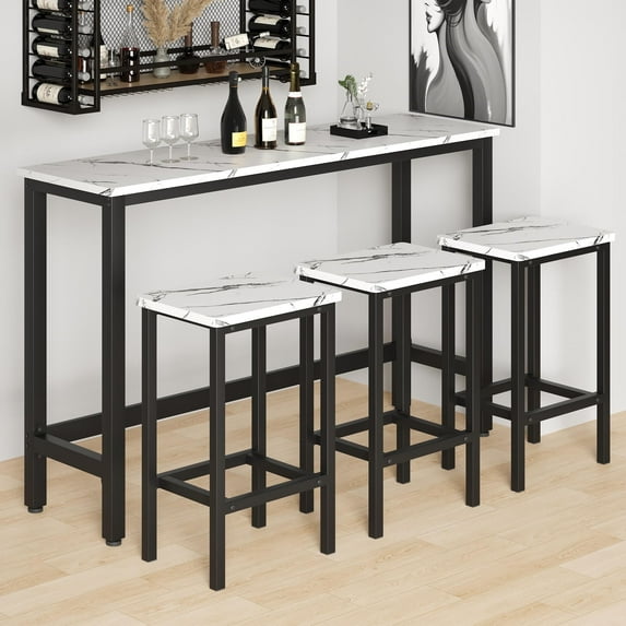 Sesslife 4 Piece Bar Table Dining Set, Extra Long Dining Room Set with 3 Stools, Kitchen Tables Set for Small Spaces, Contemporary Bistro Pub Table Set for Breakfast Nook, Dining Room, White