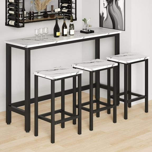 Sesslife 4 Piece Bar Table Dining Set, Extra Long Dining Room Set with 3 Stools, Kitchen Tables Set for Small Spaces, Contemporary Bistro Pub Table Set for Breakfast Nook, Dining Room, White