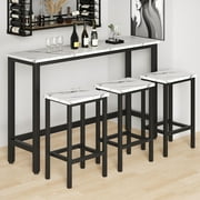 Dining Table Set for 3, Modern Kitchen Table Set with 3 Stools, Extra Long Bar Table Set, Wooden Pub Table and Chairs Set, Saving Space Patio Restaurant Bistro Table Set, Gray, JA2869