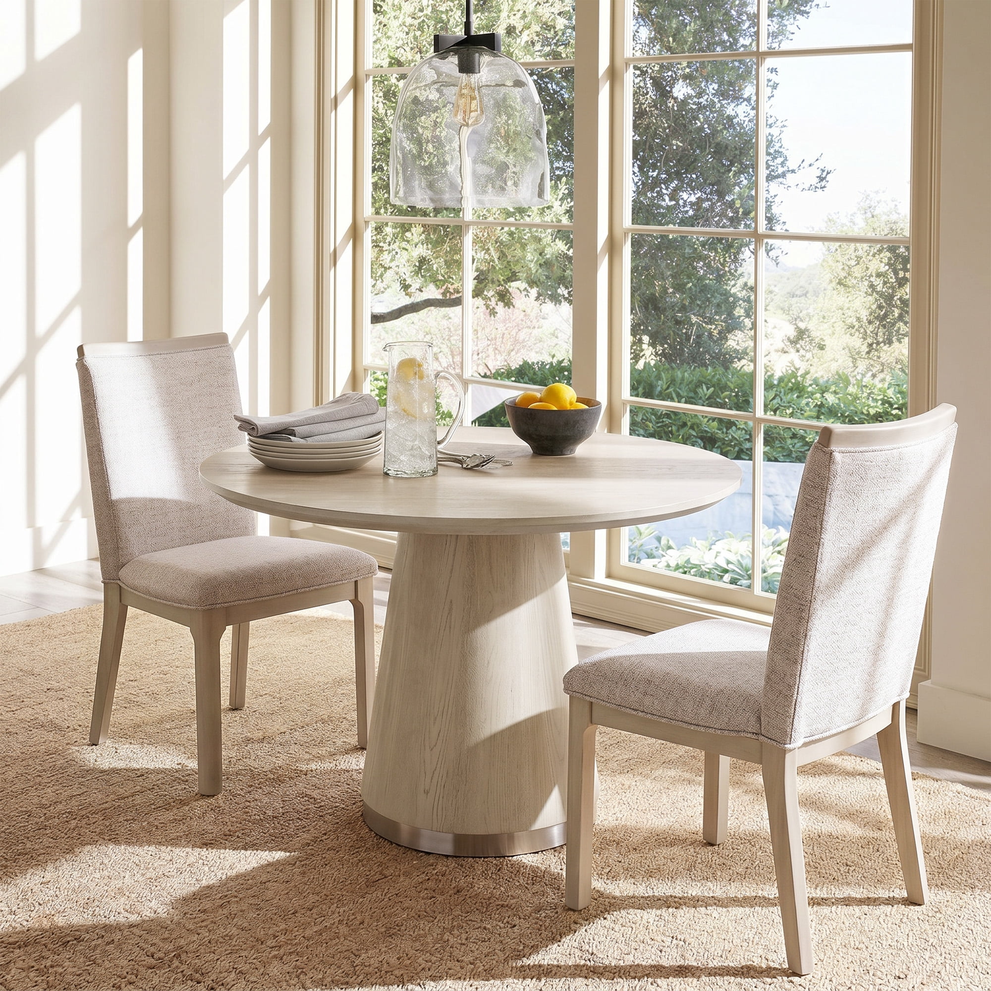 Dining Table Set - 3 Pieces, Round Pedestal Kitchen Table and 2 Upholstered Solid Wood Dining Chairs with High Back