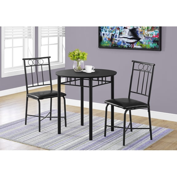 Dining Table Set, 3pcs Set, Small, 30" Round, Kitchen, Black Metal And Laminate, Leather Look, Contemporary, Modern