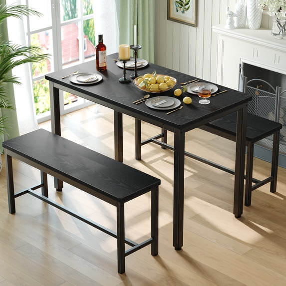 Dining Table Set for 4, 3-Piece Kitchen Table with 2 Benches, Kitchen Table and Chair Set, Dining Table with Chair, Space-Saving Dining Room Set for Breakfast Nook, Apartment, Metal Frame