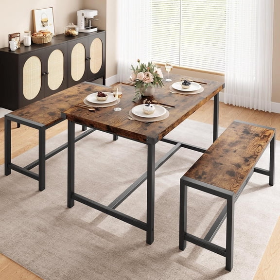 Dining Table Set for 4, 3 Piece Kitchen Table Set, Kitchen Table with 2 Benches, Rectangular Dining Table Set of 4, Kitchen Table Set for Small Space, Apartment, Retro Brown