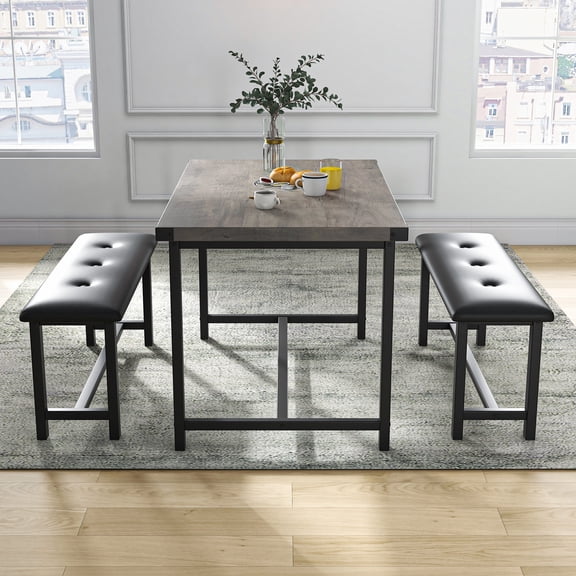 Dining Table Set for 4, 3 Piece Rectangular Dining Room Table Set, Small Kitchen Table with 2 Upholstered Bench, Space Saving Dining Table Set for Apartment, Gray