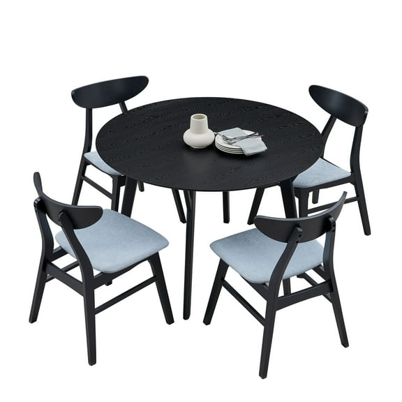 Dining Table Set for 4, 42.01 Inch Modern Simple Design Round Kitchen Table and 4 Fabric Upholstered Dining Chairs for Dining Room, Kitchen, Saving Space, Black
