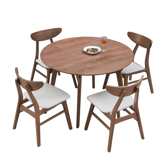 Dining Table Set for 4, 42.01 Inch Modern Simple Design Round Kitchen Table and 4 Fabric Upholstered Dining Chairs for Dining Room, Kitchen, Saving Space, Walnut