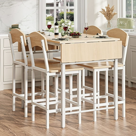 Dining Table Set for 4, Drop Leaf Pub Table and Dining Chair Set, Counter Height Table Set of 5, Kitchen Table Set with Stools for Kitchen Apartment Bistro, Beige
