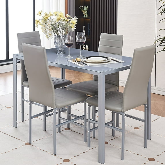 Dining Table Set for 4, 5 Piece Kitchen Table and Chairs with Gray Tempered Glass Table Top and 4 Gray Faux Leather Metal Frame Chairs,47.2" x 27.5" x 29.5"