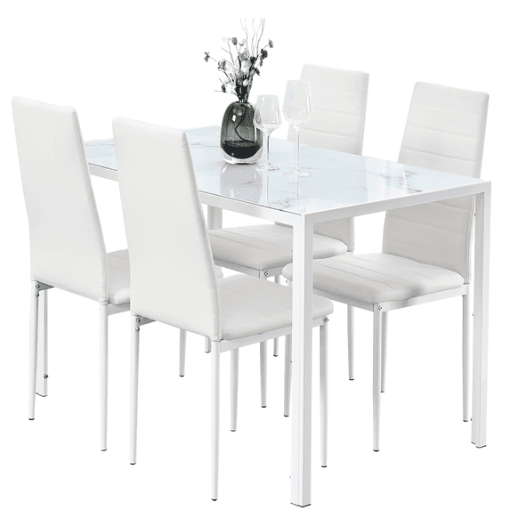 Dining Table Set for 4, 5 Piece Kitchen Table and Chairs with White Marble Effect Tempered Glass Table Top and 4 White Faux Leather Metal Frame Chairs,47.2" x 27.5" x 29.5"