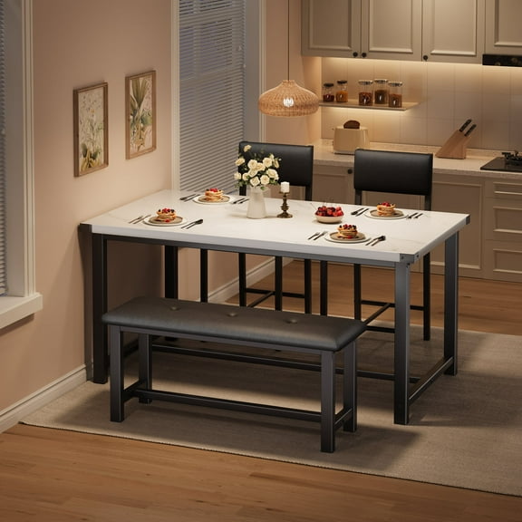 Dining Table Set for 4, 5 Piece Kitchen Table Set with Upholstered Bench and 2 Chairs, Rectangular Dining Room Table Set for Small Space, Apartment, Studio