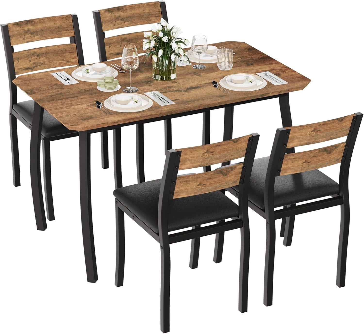 Dining Table Set for 4, 5 Piece Metal Frame Kitchen Table and Chair Set ...
