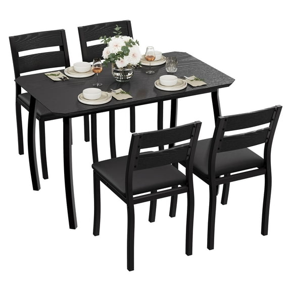 Dining Table Set for 4, 5 Piece Modern Metal & Wood Dining Room Table Set, Angled Corner Design, Space-Saving Kitchen Table with Upholstered Chairs, for Small Spaces, Dining Room, Apartment