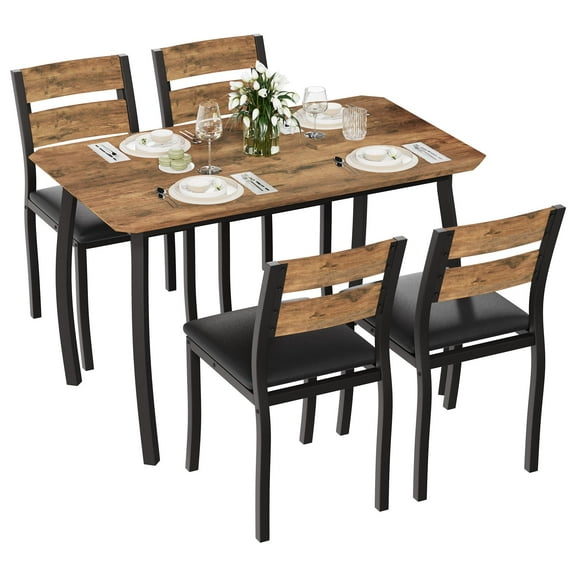 Dining Table Set for 4, 5 Piece Modern Metal & Wood Dining Room Table Set, Angled Corner Design, Space-Saving Kitchen Table with Upholstered Chairs, for Small Spaces, Dining Room, Apartment