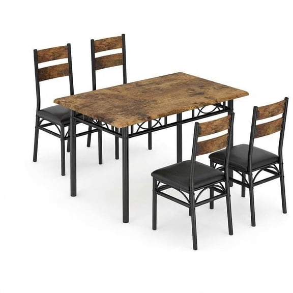 Dining Table Set for 4, 5 Piece Rectangular Kitchen Table and Chairs with Upholstered High Back Chairs, Space Saving Dining Room Set with Metal Frame for Apartment, Rustic Brown