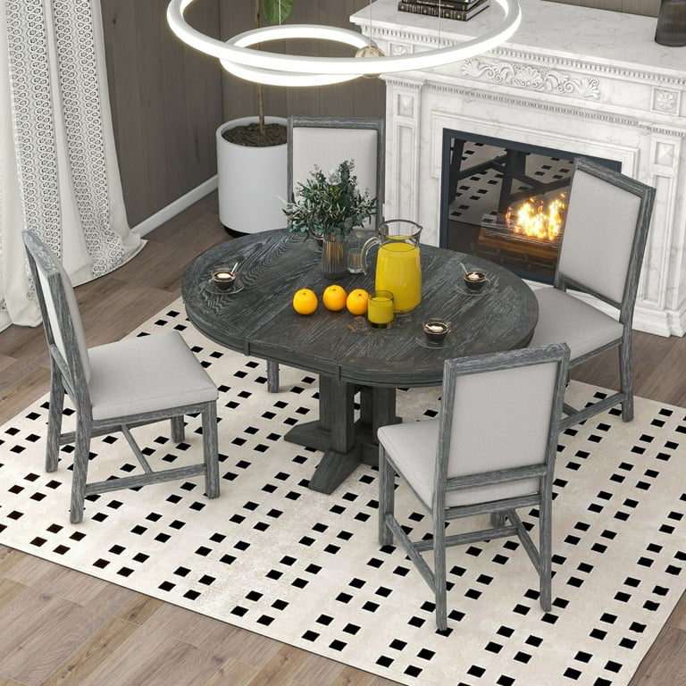 Dining Table Set for 4 5 Pieces Farmhouse Wooden Dining Set with Extendable Table and 4 Upholstered Chairs Kitchen Furniture Sets Dining Table Set