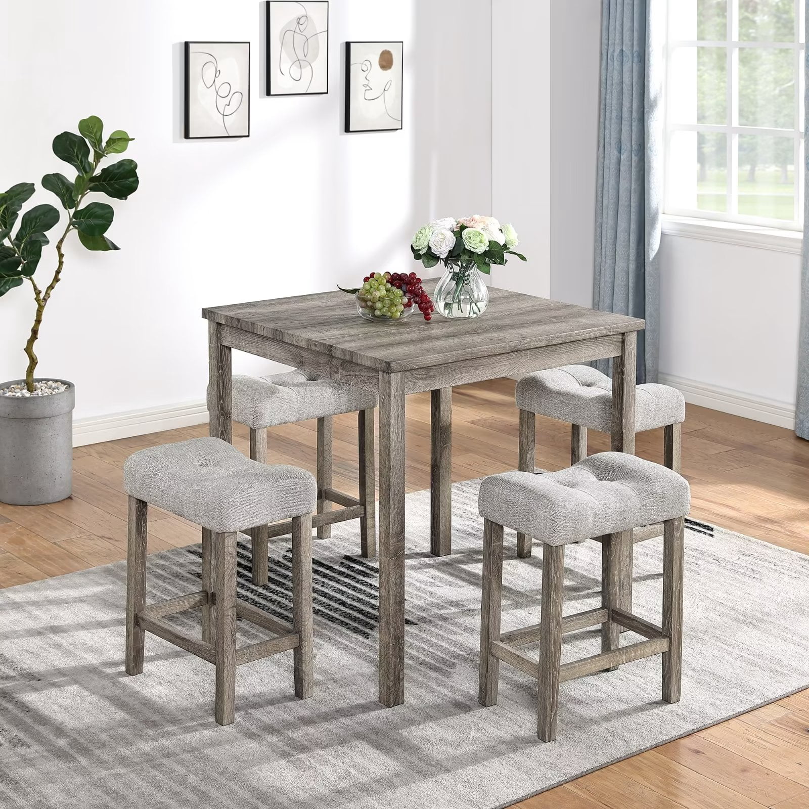 5-Piece Dining Set, Square Table & 4 Backless Stools, Counter Height ...