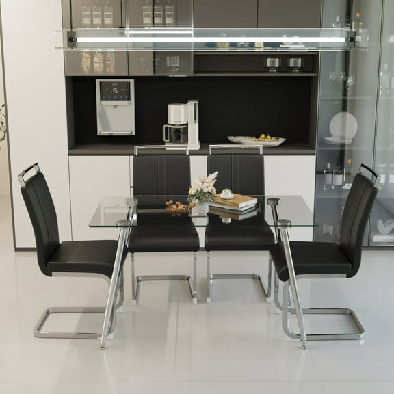 Dining Table Set for 4, 51 Inch Rectangle Tempered Glass Kitchen Table with Silver Plated Metal Legs and PU Leather Armless Chairs, Modern Transparent Dining Room Furniture Set