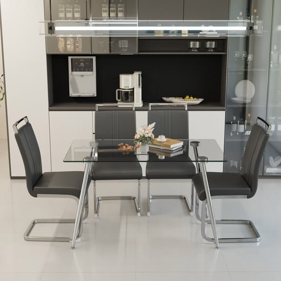 Dining Table Set for 4, 51 Inch Rectangle Tempered Glass Table Top with Silver Plated Metal Legs and PU Leather Armless Chairs, Modern Transparent Furniture for Kitchen and Dining Room