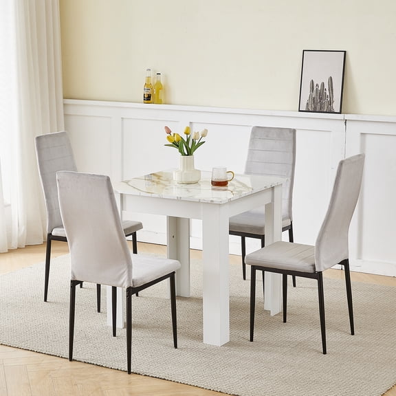 Dining Table Set for 4, 5Piece Kitchen Table and Chairs Set,Wood Dinner Table Set with 4 Velvet Dining Chairs, Square Table with 4 Upholstered Chairs for Small Space,Kitchen, Living Room,Gray