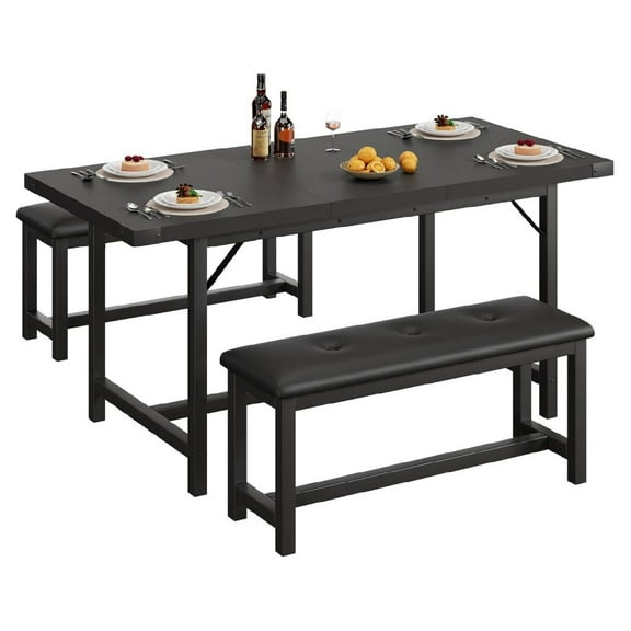 Dining Table Set for 4-6, 63" Dining Table Set, Extendable Kitchen Table with 2 Upholstered Benches, Strong Metal Frame Dinner Room Extendable Table Set for Small Space, Apartment